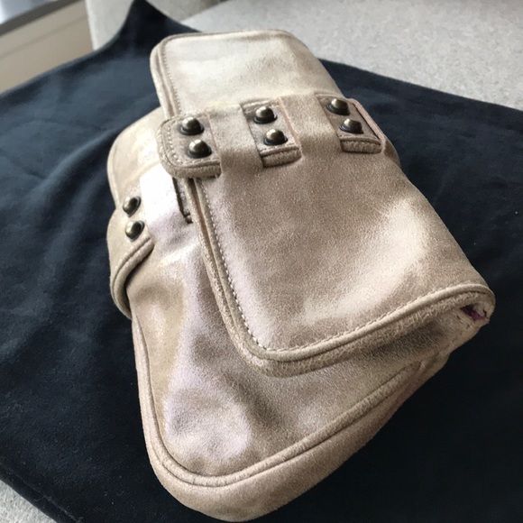 KALE Designer Brand Shimmery Golden Beige Suede Clutch - Picture 5 of 9